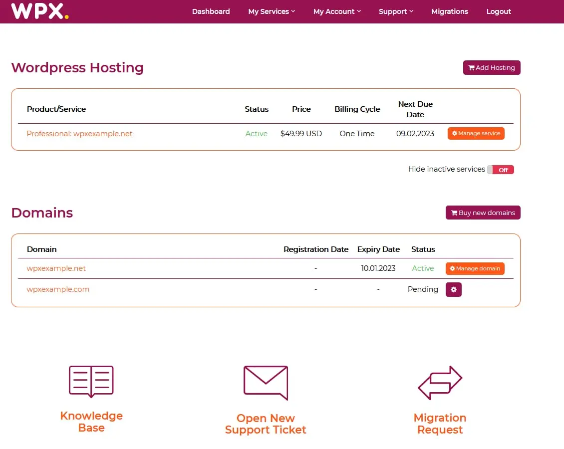 Panel de control principal de WPX Hosting